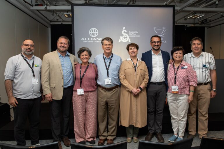 Photo of ceremony of signing among SCA, ACE and COE at World of Coffee Copenhagen trade show